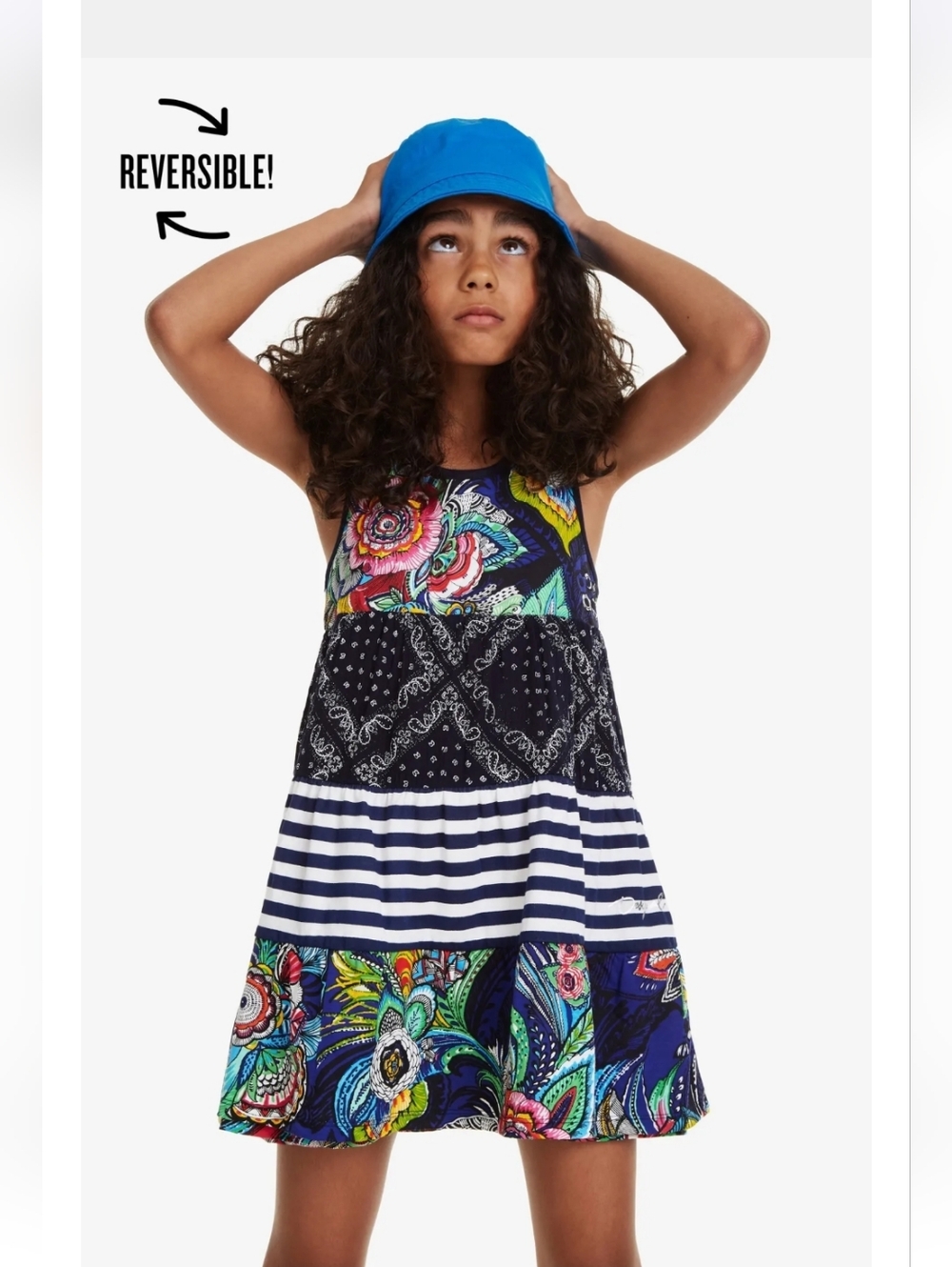 DESIGUALES - Reversible Girls Navy Floral & Stripe Tank Dress Size 5/6